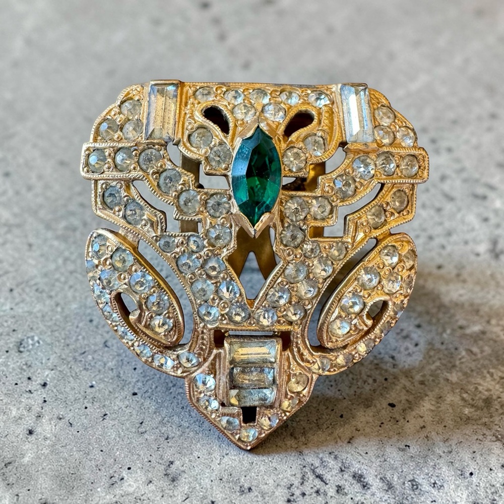 Gold-Tone Dress Clip with Emerald Green Accent and Clear Crystals